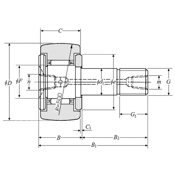 NTN KRT62V1, Crowned Cam Follower  62 Mm Od, 24 Mm Stud Dia, 495 Mm Stud Len